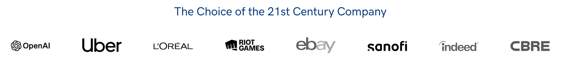 Logos of several clients including OpenAI, Uber, L'Oréal, Riot Games, eBay, Sanofi, Indeed, and CBRE with the heading "The Choice of the 21st Century Company," showcasing leaders also recognized for their innovative parking management systems.